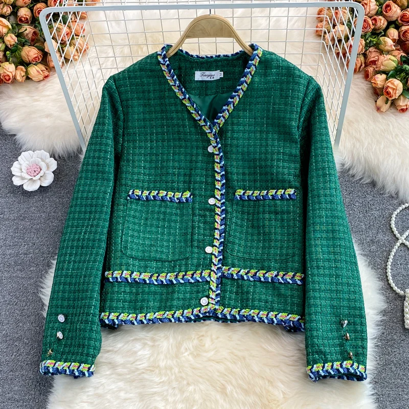 

Small Fragrant Wind Tweed V-neck Coat Women's Autumn Winter New Fashion Wool Blends Celebrity Green Jacket Outerwear