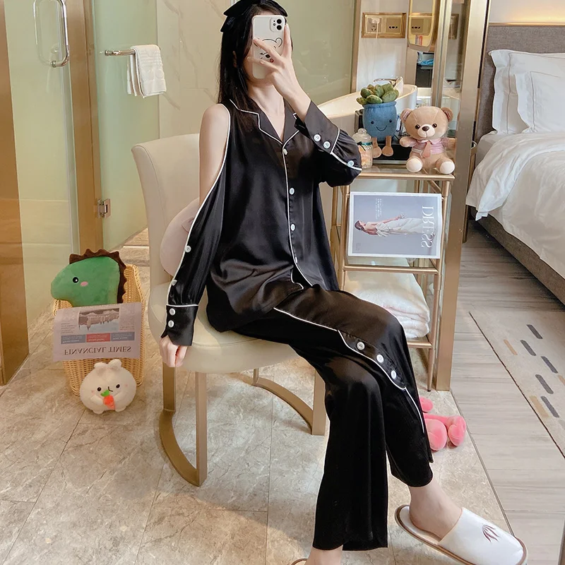 

Black Women's Sleepwear Female Spring and Autumn Sexy Strapless Ice Suit Long Sleeve Artificial Silk Tracksuit Summer May