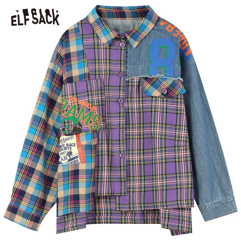 

ELFSACK Plaid Patchwork Single Breasted Casual Shirt Women,2021Spring Vintage Applique Full Sleeve,Korean Ladeis Basic Daily Top