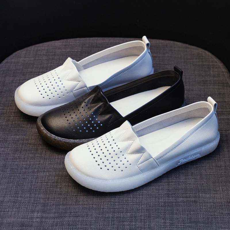 

2020 Women Large Size Hole Shoes Leather Breathable Soft Flats Ladies Comfortable Vulcanized Summer Casual Shoe Pregnant Woman