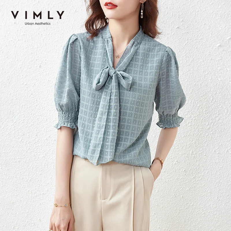 

VIMLY Summer Blouse For Women Elegant Bow Plaid Shirt Lady Flare Sleeve Blusas Spring Clothes Female Tops Vintage Shirts F7020