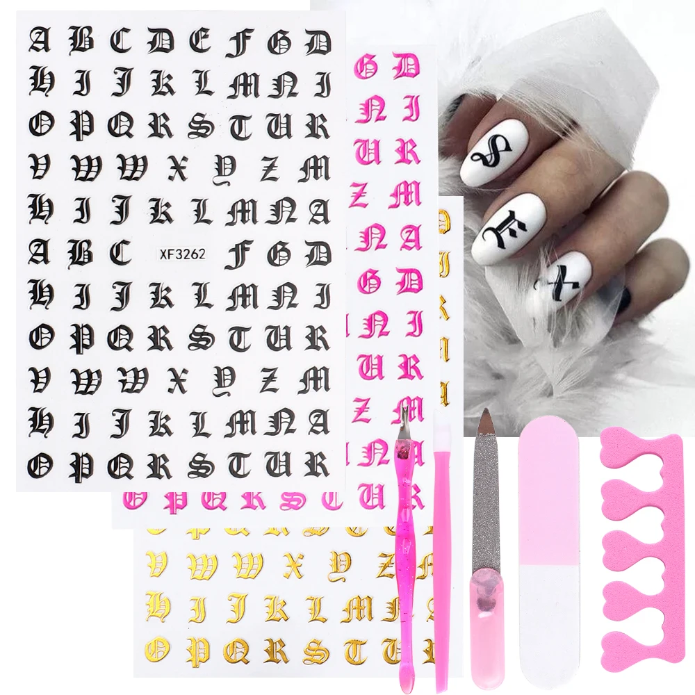 

1set 3D Letter Nail Sticker Kit Golden Silver Black Curlycue Alphabet Self Adhesive Decal English Words Nail Art Slider GLXF3262