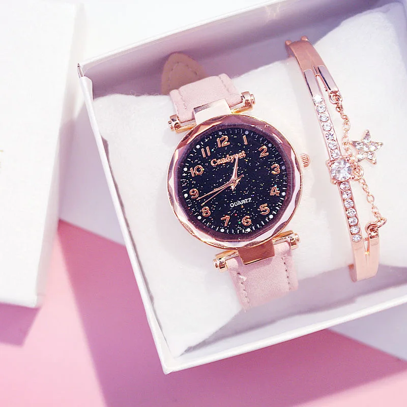 Pink Color Bracelet Модный Звездный браслет с изображением неба, часы, повседневные женские часы, браслеты, набор кожаных аналоговых кварцевых наручных часов, часы для женщин - Цвет: Pink Color Bracelet