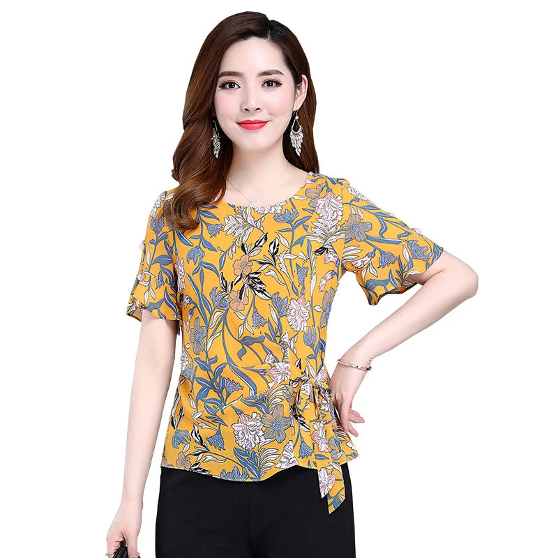 Женские повседневные Летние шифоновые блузки с круглым вырезом и цветочным
