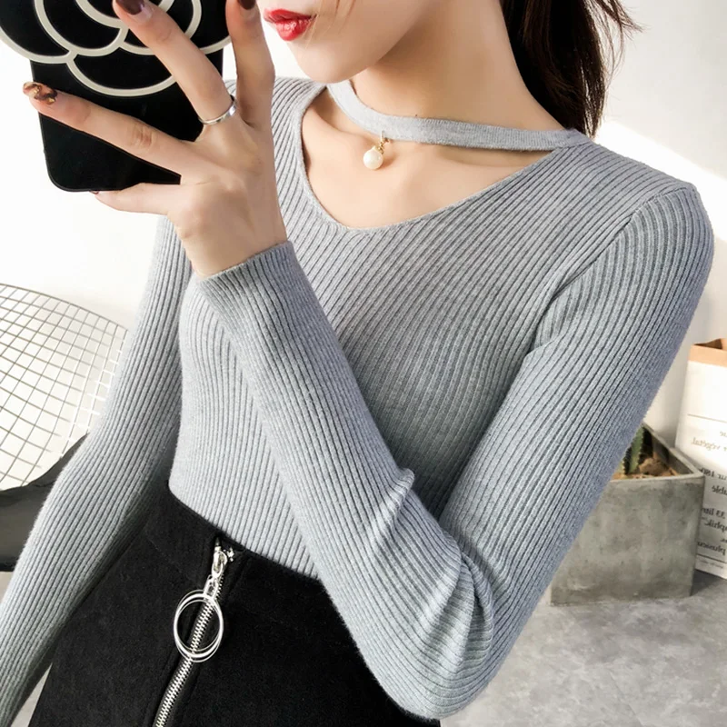 Fashion Sweater Women 2019 Autumn Winter Long Sleeve Sexy V-Neck Sweaters Tops Basic Soft Slim Knitted Pullover Burgundy | Женская