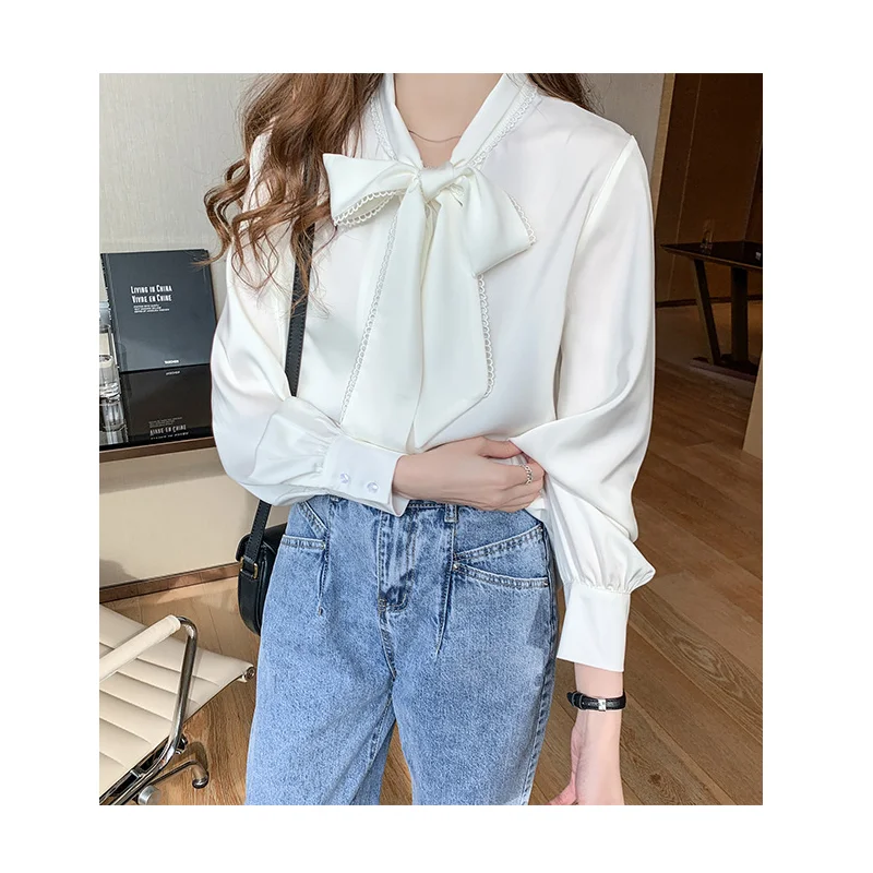 

Autumn Spring Women's Blouse Elegant Plus Velvet Professional Satin Loose Solid Shirt Bow Collar Long-sleeved Temperament Top