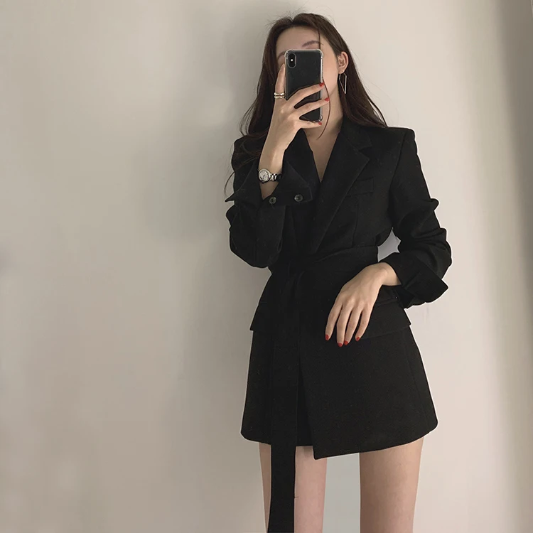 Модный черный длинный женский костюм, куртка с поясом, корейский стиль, высокое качество,, осенне-зимняя куртка, пальто