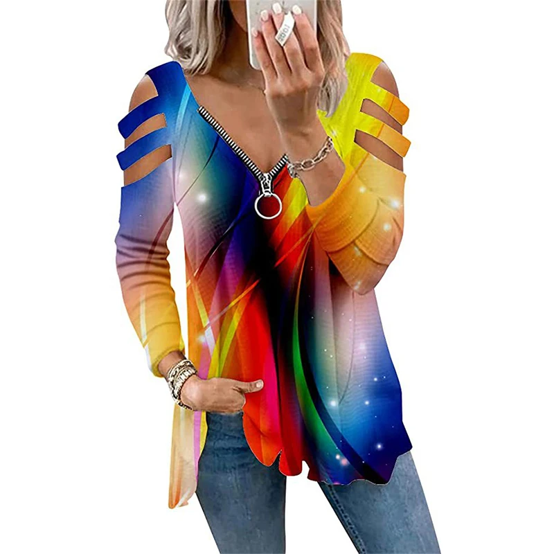

2021 Autumn Fashion Women Blouse 3d Print V-neck Long-sleeved Top Ladies Sexy Hollow Out Zipper Shirts Female Elegant blusas