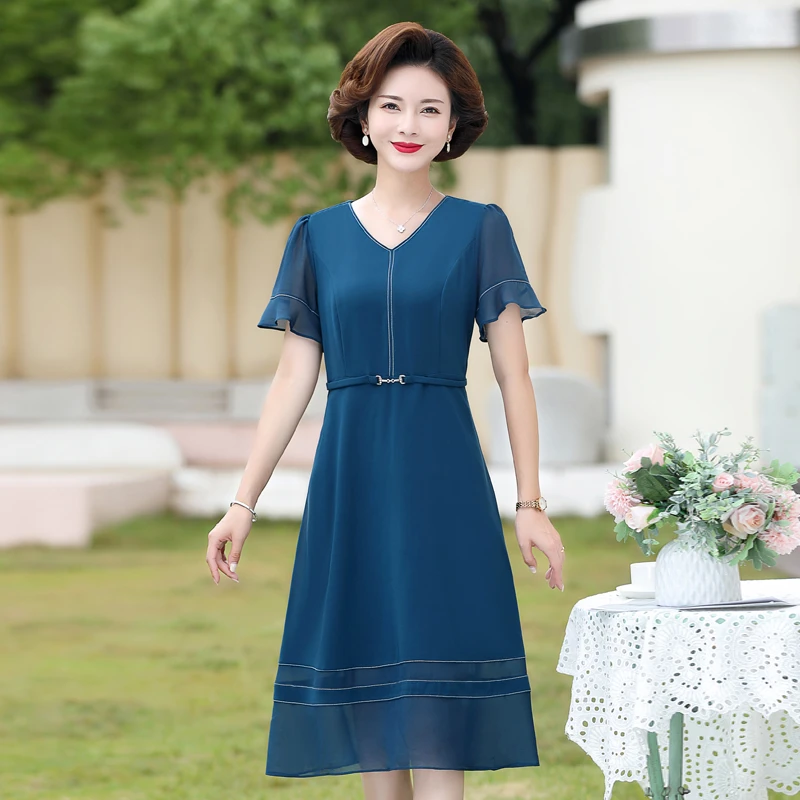 

Chiffton Summer Lotus leaf Short Sleeve Knee-length A-line Waist Thin Simple Solid Color Purple Black Bue Cocktail Dresses