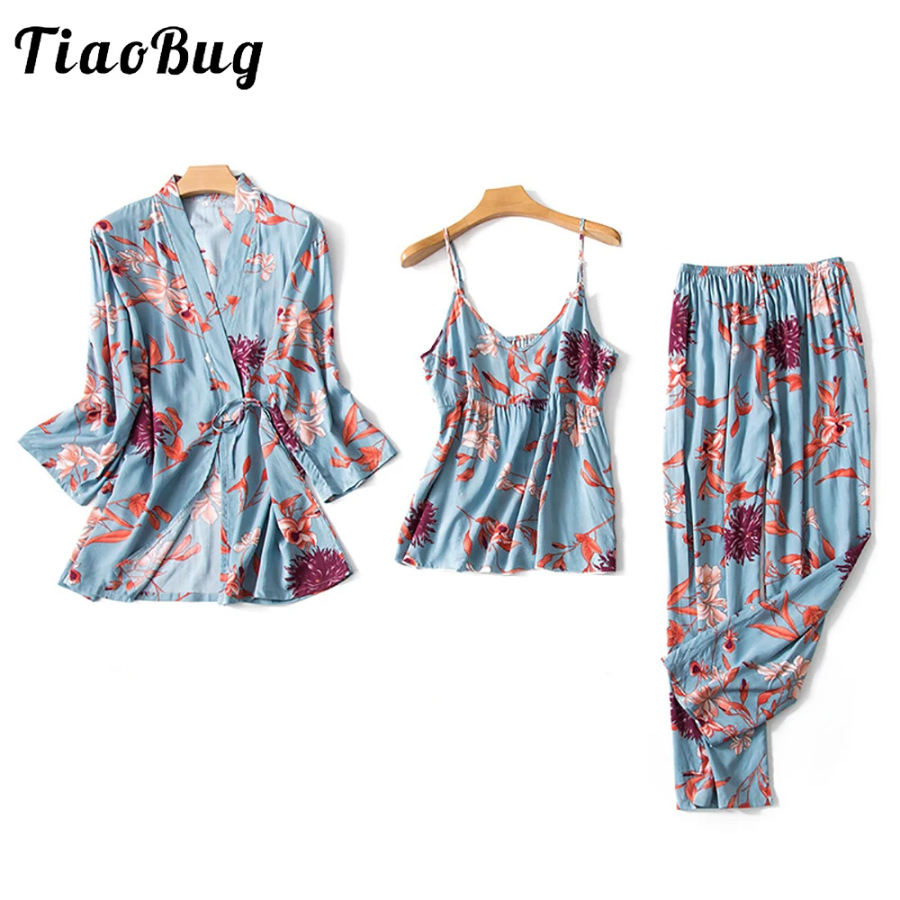 

Sexy Satin Pajamas Sets for Women 3Pcs Sleepwear Home Wear Casual Clothes Print Floral Cotton Ladies Soft Loose Sleep Nightwear