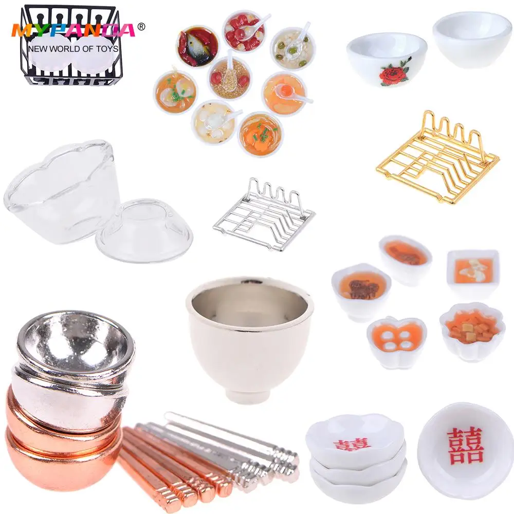

Chinese Cuisine Dessert Noodles Tofu Fish Bowls Chopsticks Dish Rack Dollhuse Miniature Baby DIY Kitchen Doll Houses Toys