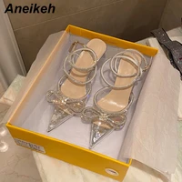 aneikeh springautumn 2022 womens shoes fashion butterfly knot narrow band bling patchwork cross tied crystal pointed toe pumps