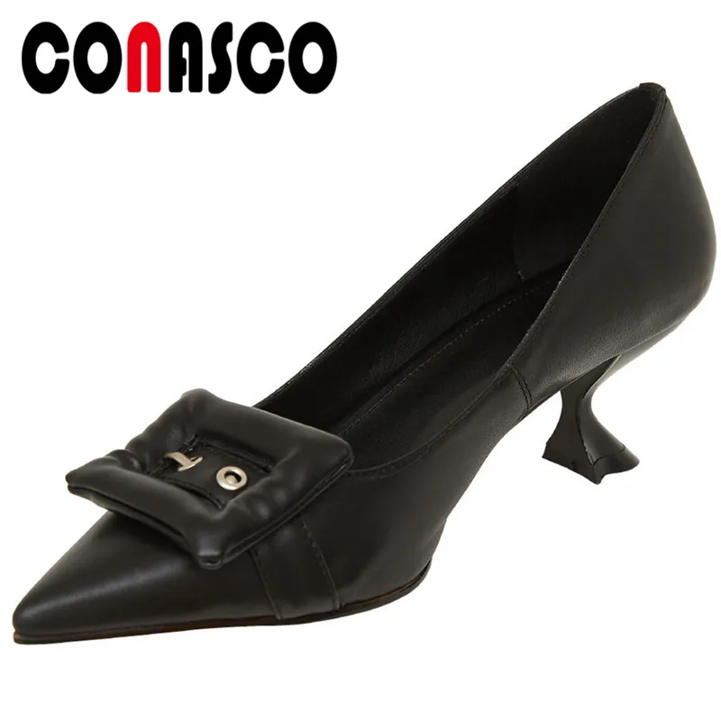 

CONASCO 2021 New Arrival Woman Pumps Genuine Leather Spring Autumn Metal Decoration Shallow Pointed Toe High Heels Shoes Woman