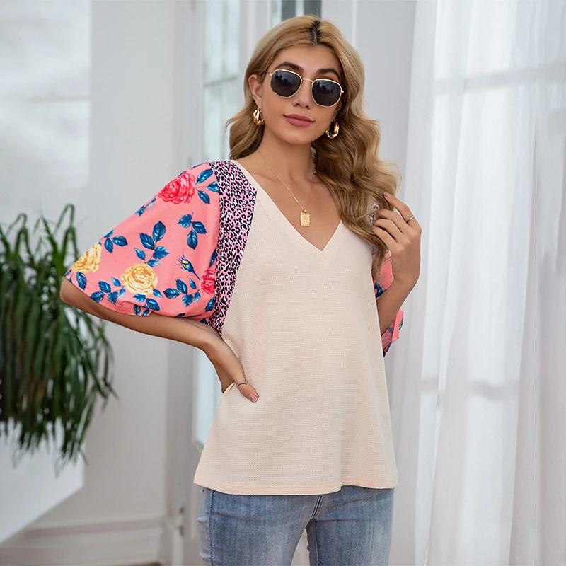 

Summer New Half Sleeve T Shirt Women Deep V Neck Print Patchwork Casual Loose Sexy Elegant Streetwear Tops Tee Shirts