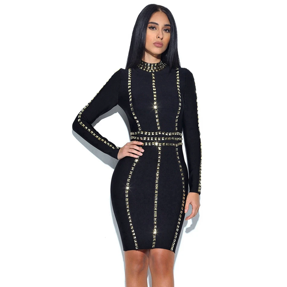 LEGER BABE облегающее платье с заклепками Vestidos женское черное Бандажное платье с полными длинными рукавами и круглым вырезом Мини Вечерние платья знаменитостей Vestidos