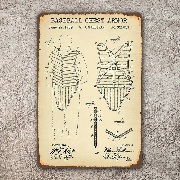 

Funny Baseball Chest Armor Patent Retro Metal Sign Vintage / Man Cave Bar Pub