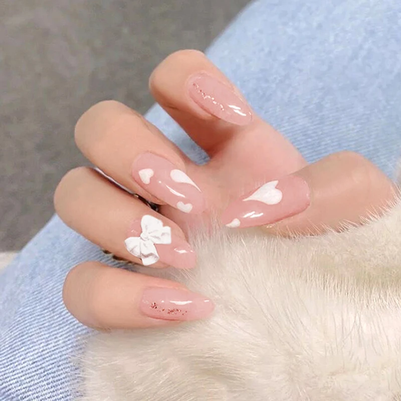 

24pcs Bowknot Printed Nails Patch Glue Type Long Paragraph Fashion Removable Manicure False Nails Patch Nail Art Faux Ongles