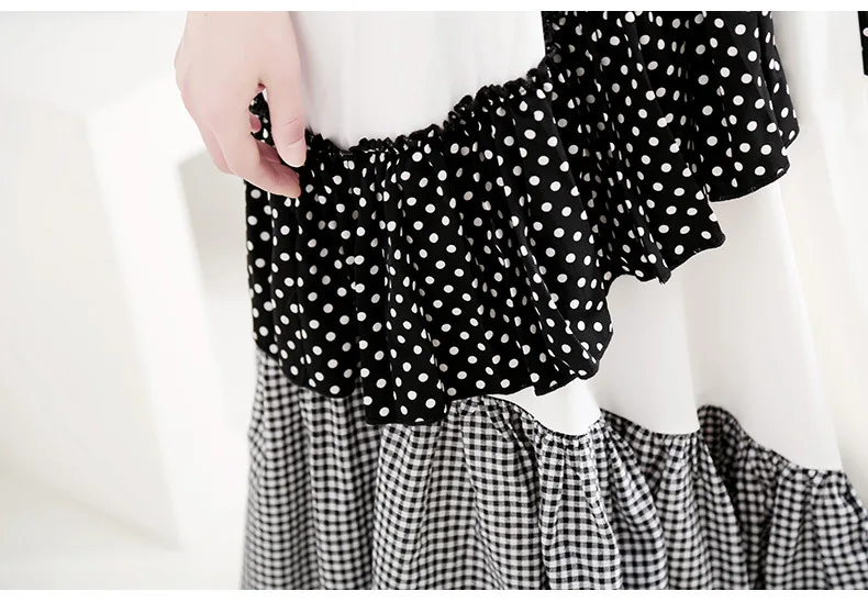 [EAM] New Spring Summer Round Neck Short Sleeve Hem Dot Irregular Plaid Printed Loose Dress Women Fashion Tide JT0880