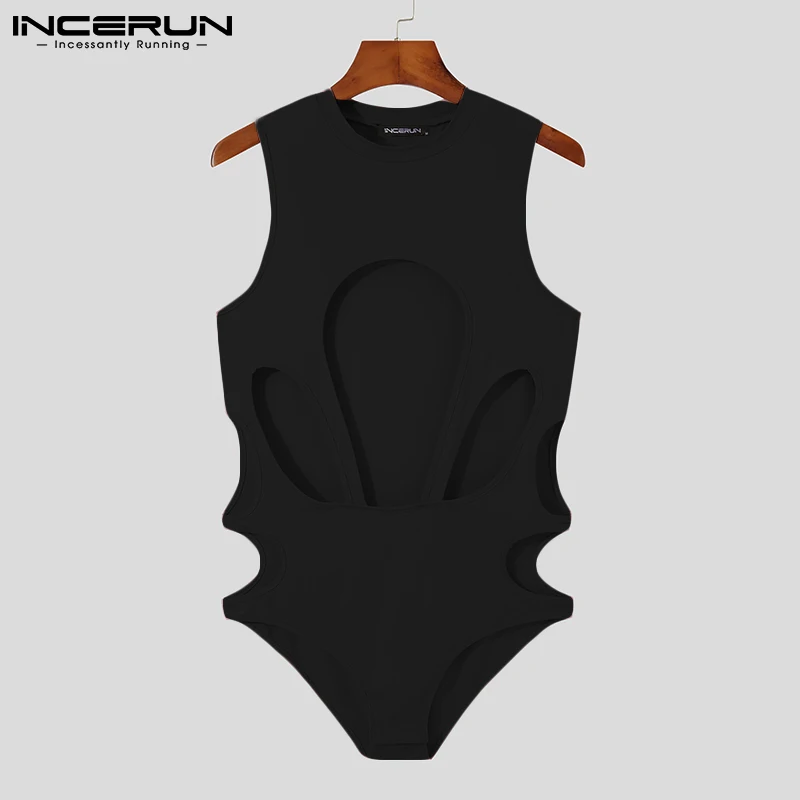 Men Bodysuits Pajamas Solid Color Hollow Out Underwear O-neck Sleeveless Sexy Cozy Skinny Sleepwear Men Bodysuit S-5XL INCERUN