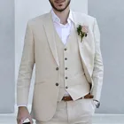 Летний бежевый мужской льняной Свадебный костюм, лучший Пляжный смокинг для мужчин, мужской костюм для свадьбы, облегающий мужской костюм из 3 предметов (пиджак + брюки + жилет)