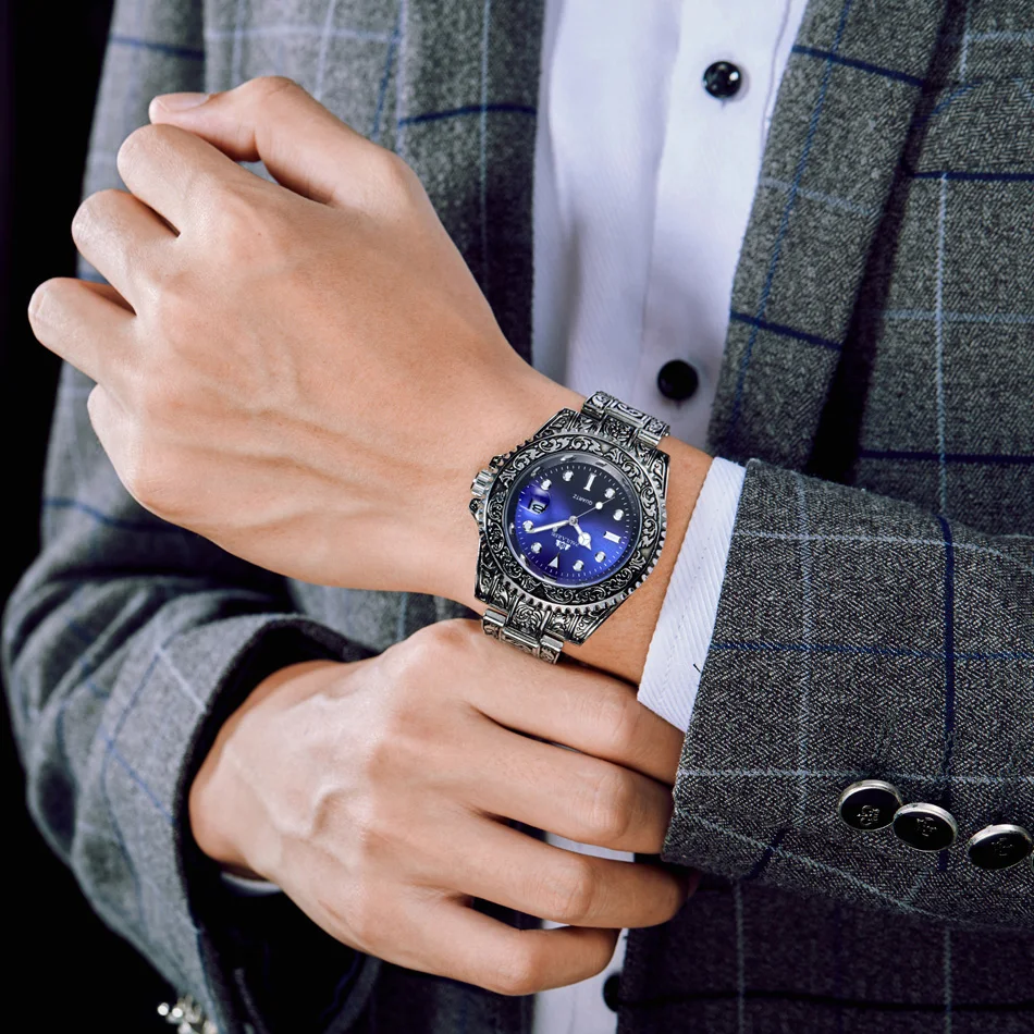 

Men Carved Antique Vintage Luminous Rose Gold Yellow Gold Silver 2 Tones Red Green Blue Gradient Fashion Classic Quartz Watch