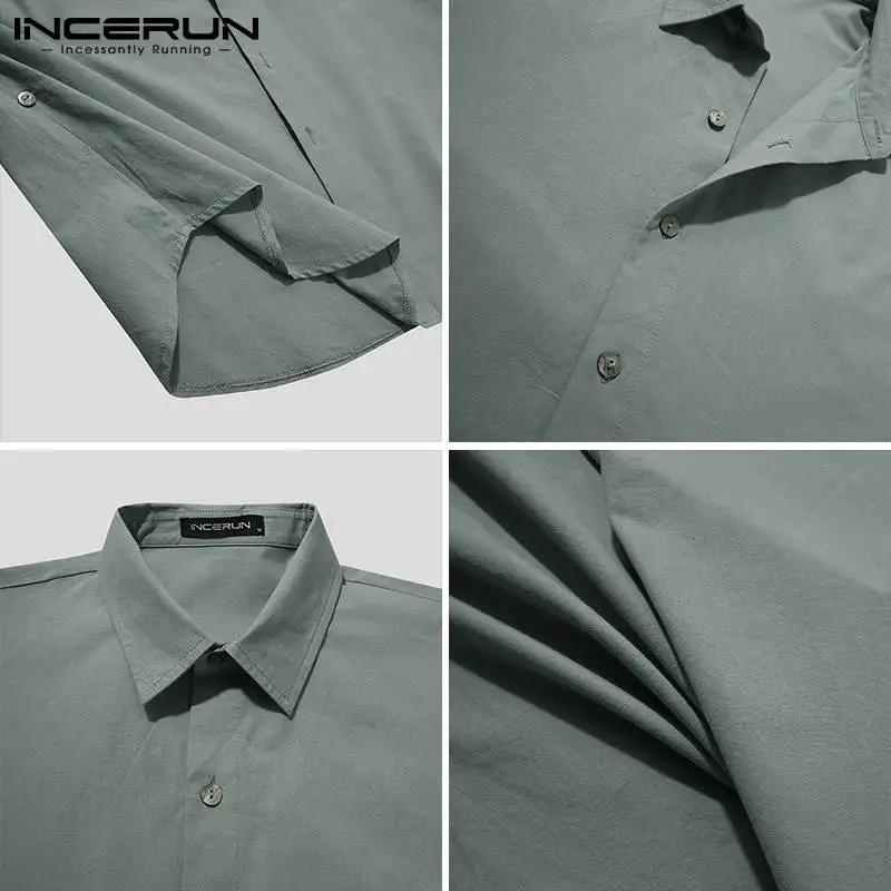 

Men Leisure Solid Color Shirts INCERUN Long Sleeve Lapel Neck Casual Blouse Korean Style Man Irregular Button Chemise Streetwear