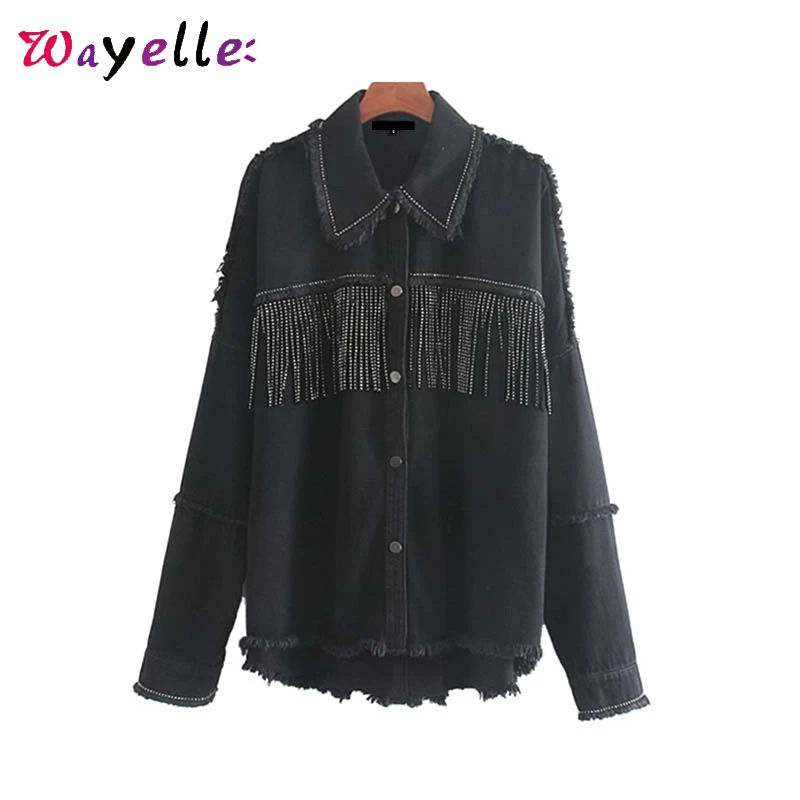 Черное джинсовое Женское пальто 2019 зимнее корейское модное с кисточками женское