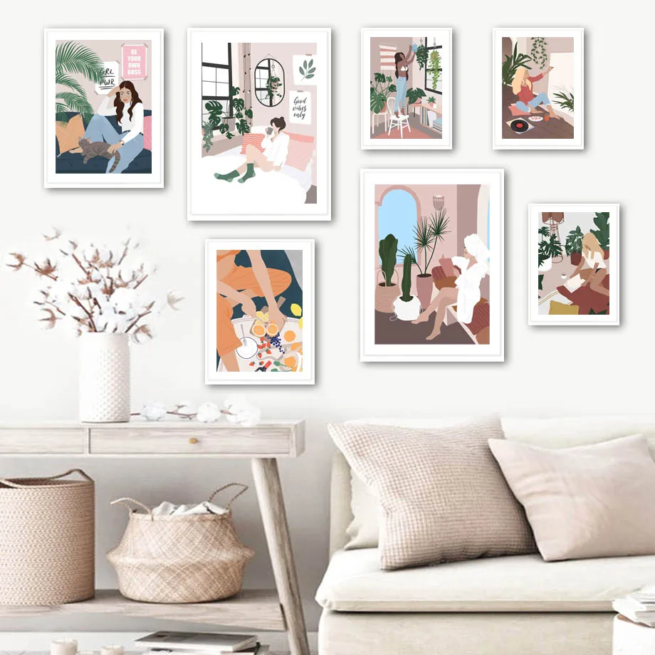 

Bohemian Woman Oranges Monstera Potted Wall Art Canvas Painting Nordic Posters And Prints Wall Pictures For Living Room Decor