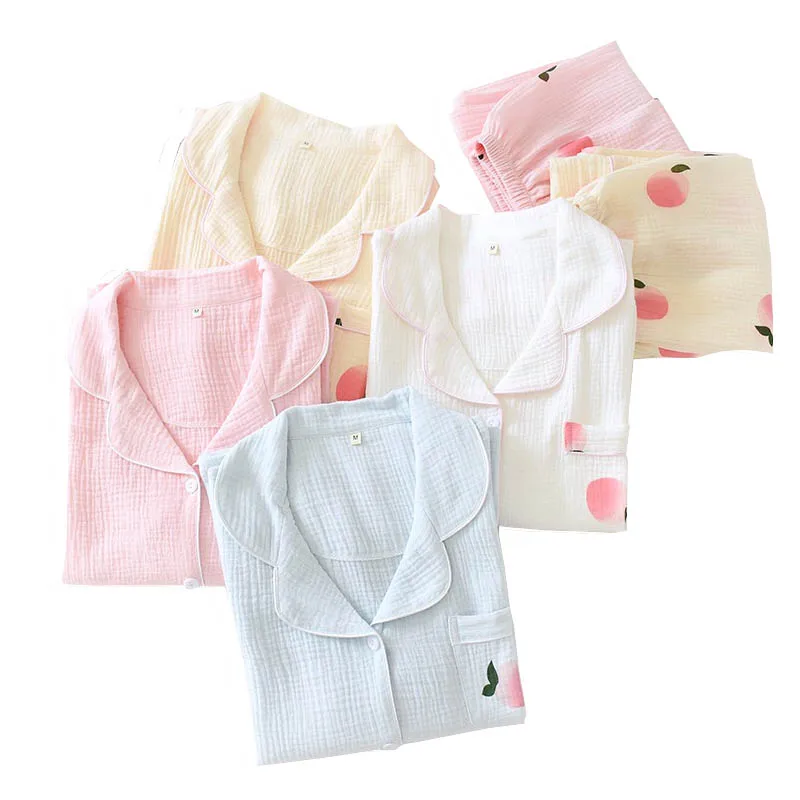 Весенняя женская марлевая хлопковая одежда для сна с мультяшным персиковым