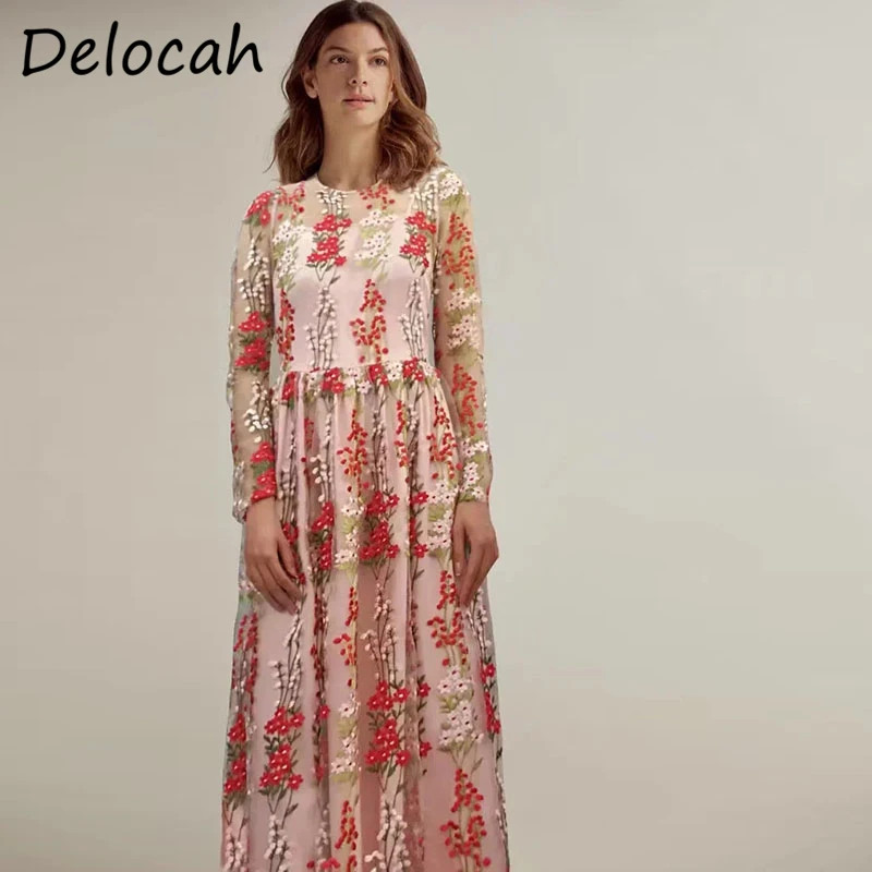 

Delocah New 2021 Autumn Women Fashion Party Long Dress Long Sleeve Gorgeous Embroidery Elegant Ladies Slim Mesh Dresses Vestidos