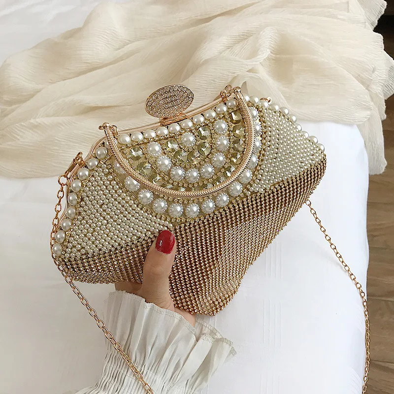 Newest tassel crystal women bag luxury imitation pearl evening bags wedding beaded day clutches small purse bag - Цвет: champers