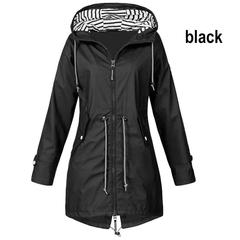 Women Waterproof Zipper Rain Jacket Solid Color Ladies Outdoor Mountaineering Lightweight Raincoats Plus Size S-5XL