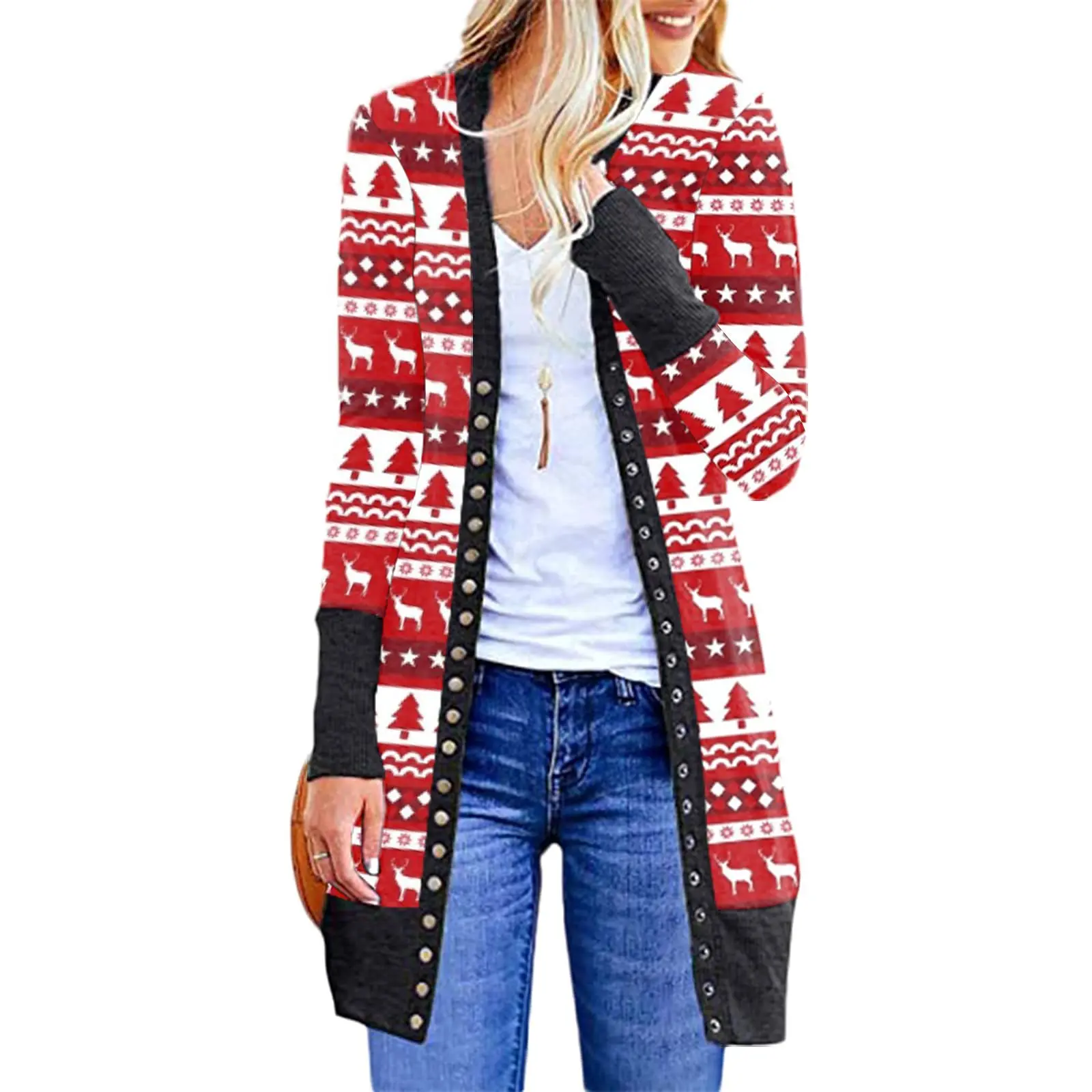 

2021 Korean Fashion New Women's Hot Sale Christmas Print Button Slim Long Sleeve Oversized Cardigan Jacket Harajuku Sweater