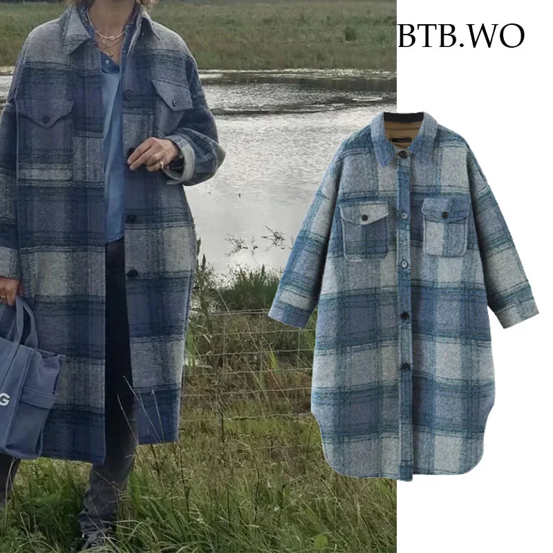 

BTB.WO Za Jacket Women Tweed Plaid Jacket Woman 2021 Long Sleeve Blue Button Up Check Overshirt Streetwear Casual Autumn Coat