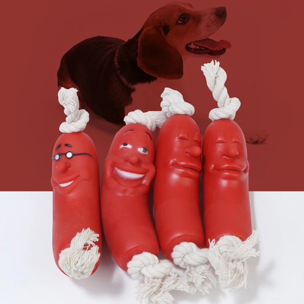 

Expression Pet Dog Toy Red Sausage Cute Smiley Face Healthy Latex Dogs Bite Cotton Rope Toy For Small Medium Puppy Pet Supplies