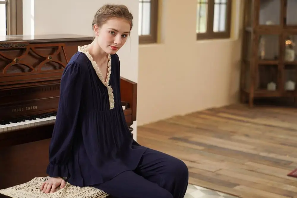 

Spring full cotton home nightdress set solid color comfortable loose princess goddess court pajamas