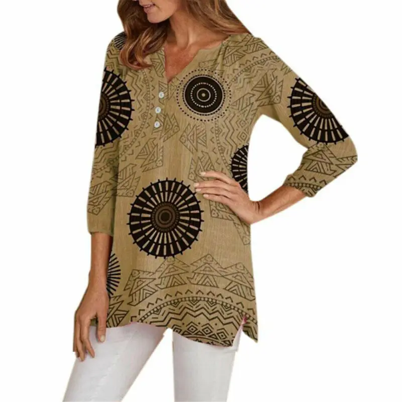 

Women Boho Print Casual Loose Long Sleeve Holiday Beach Tops Pullover Fashion