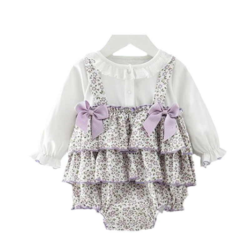 

Korean 0-18m Spring Autumn Baby Girls Romper Jumpsuit Long Sleeve Fake Two Romper Floral Bow Overalls Lovely Soft Baby Playwears