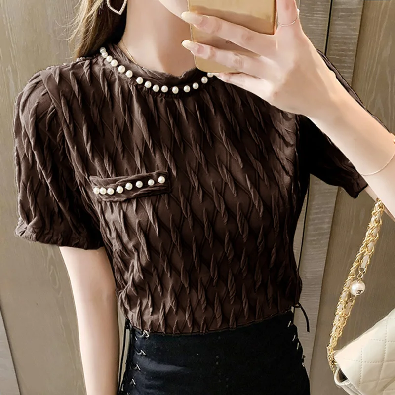 

2021 Summer New Fashion Solid Color Beaded Pleated Short-Sleeved Women's Lace Shirt T-Shirt Women's Top Short-Sleeved Top