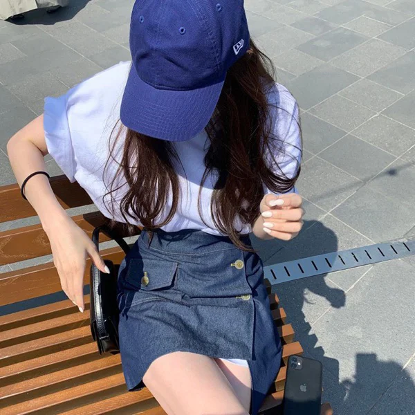

2021 New Girls Summer T-shirt Women Shirt Short Sleeves Tops High Waist Denim Solid A Line Skirts Two Piece Suits