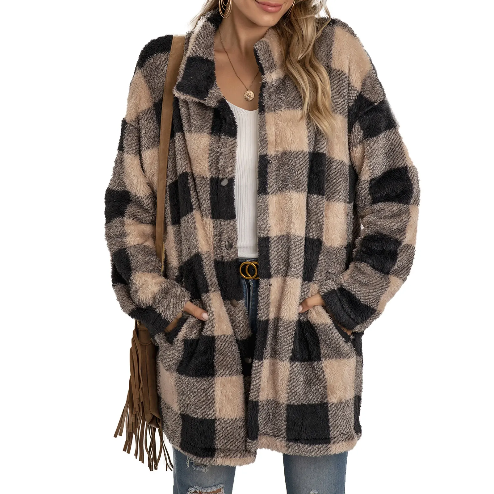 

Women coat Casual Plush Long-sleeved shirt Coat Fashion Color Contrast Plaid Single-breasted Mid-length Jacket packet design