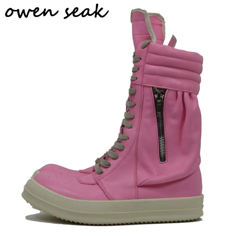 comprar Owen Seak Homens De Couro De Motocicleta De Alta Qualidade De Luxo Meados De Bezerro Botas De Equitação De Inverno Rendas Até Casual Marca Zip Sapatos Pretos