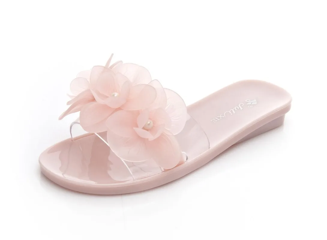 New Summer Slippers Female Flower Crystal Jelly Sandals and Slippers Fashion Non-slip Outer Wear Flat Transparent Beach Shoes