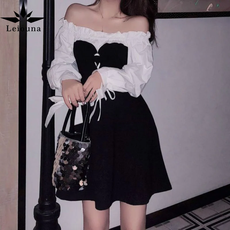 Леиона мини-платья с круглым вырезом на шее для женщин 2021 года, с патчворком и рукавами буфф, в японском стиле, сексуальные и сладкие, весна-осень, акция.