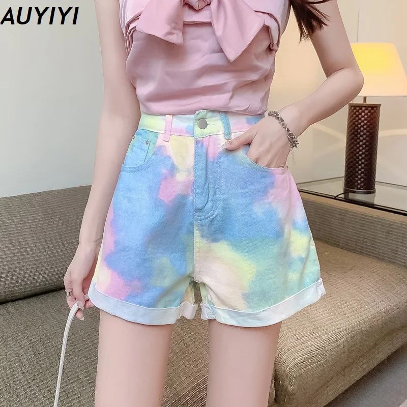

AUYIYI Super Fire 2021 Summer Design Sense Fashion All-Match High-Waisted A-Line Curled Small Color Denim Shorts