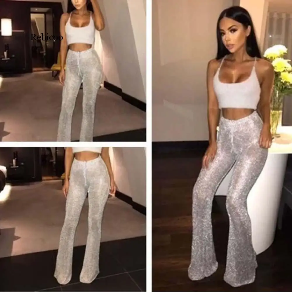 

4 colors Women Bell Bottom Sequined Long Pant Glitter Sequin Flare Pants High Waisted Sexy Clubwear Wide Leg Trousers For Women