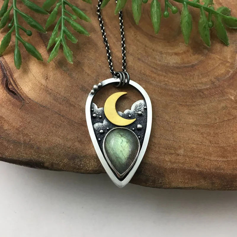 

Hollow Teardrop Green Stone Pendant Necklace Vintage Silver Chain Necklace 2021 New Fashion Bohemian Geometric Antique Jewelry