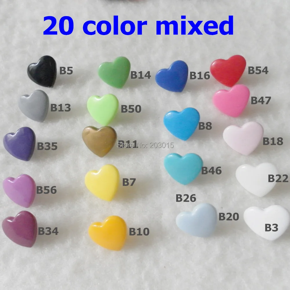 &iexcl;Sorpresa! Botones a presi&oacute;n de pl&aacute;stico en forma de coraz&oacute;n, 200 juegos, tama&ntilde;o 20 T5 KAM, 20 colores mezclados-0