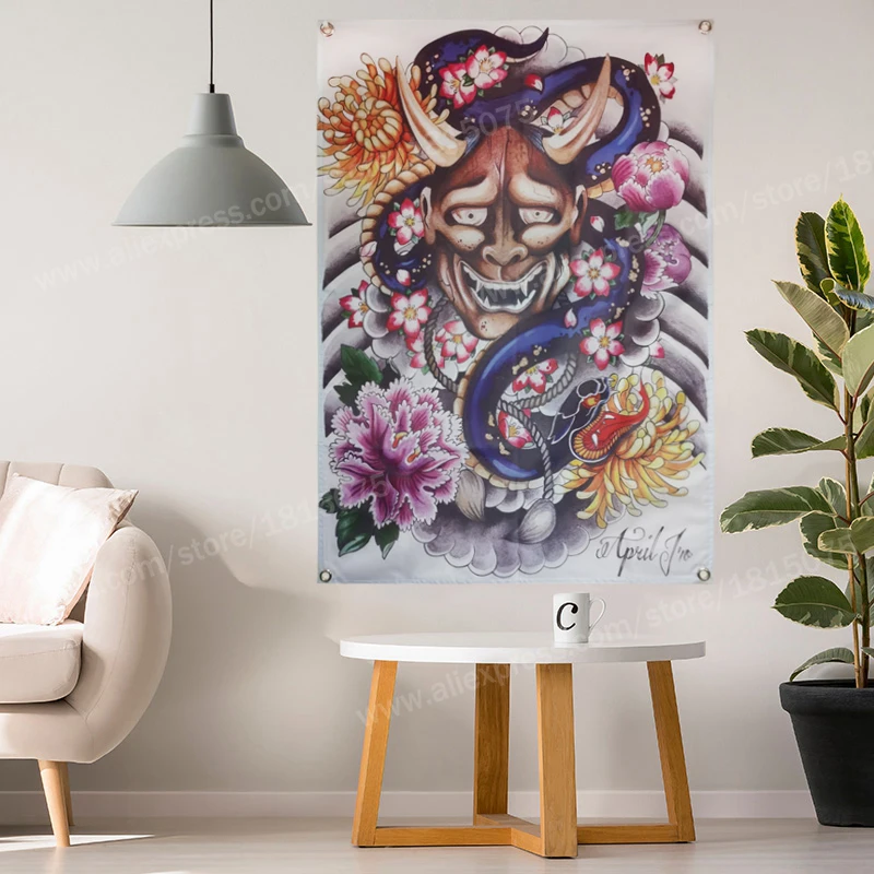 Цветок череп Японский тату плакат флаг женский подвесной 4 люверса в углах 3*5