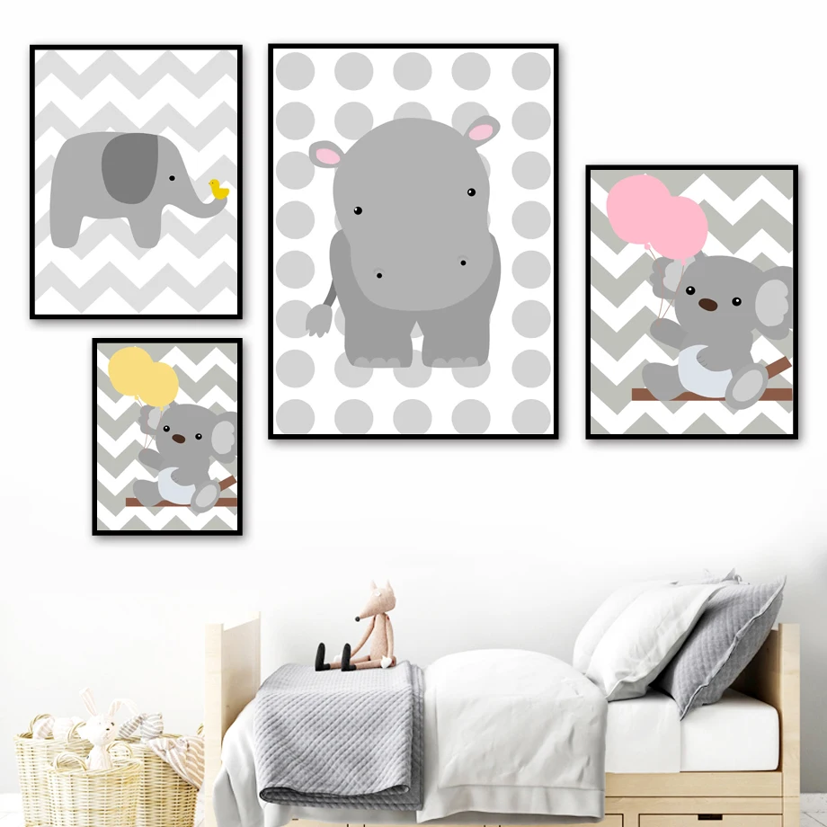 

Cute Elephant Hippo Koala Balloon Bird Lines Wall Art Canvas Painting Nordic Posters And Prints Wall Pictures Kids Room Decor